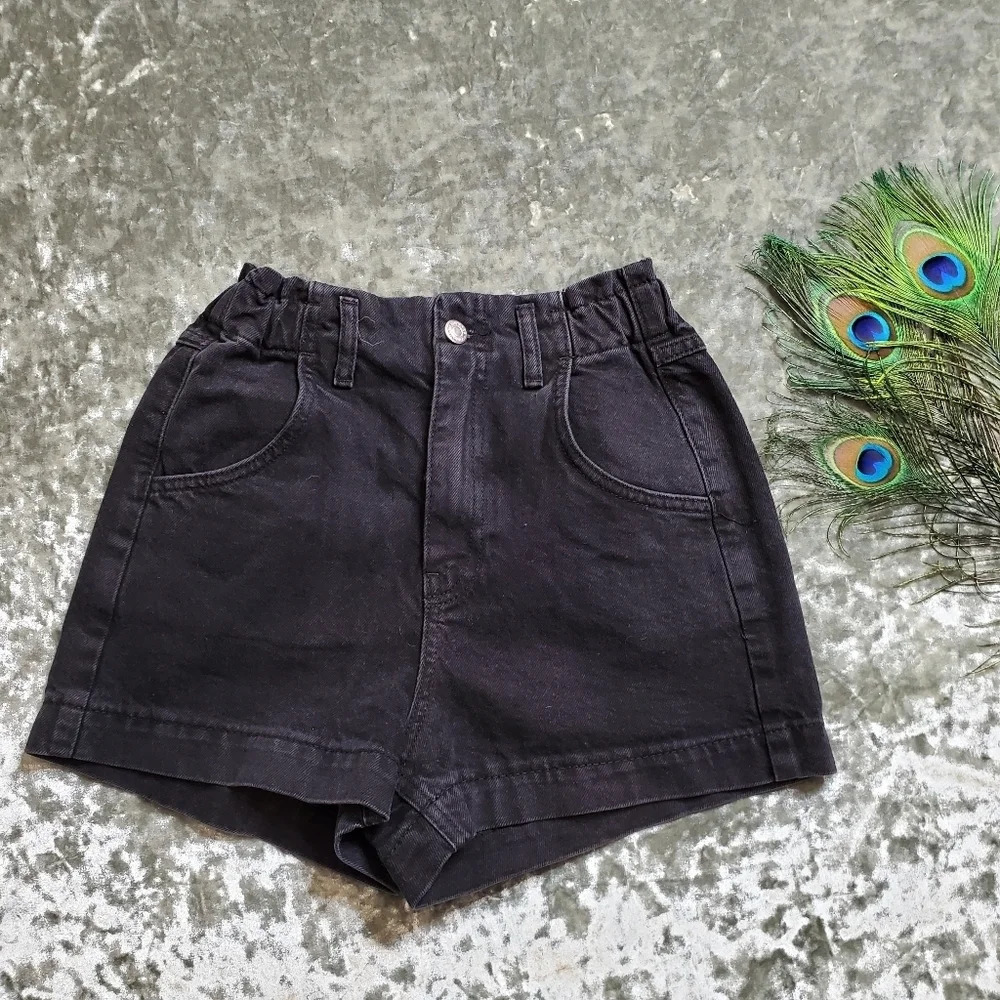 Topshop Paperbag Black High Waist Denim Shorts